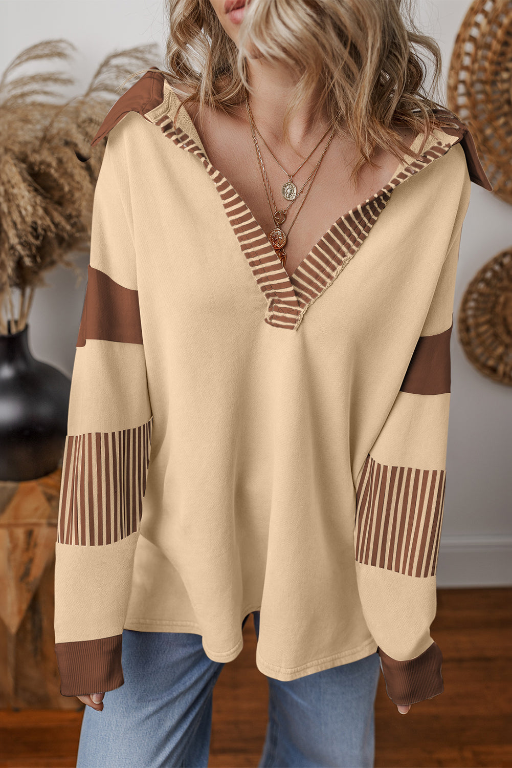 Pale Chestnut Striped Patchwork Collar Sweatshirt