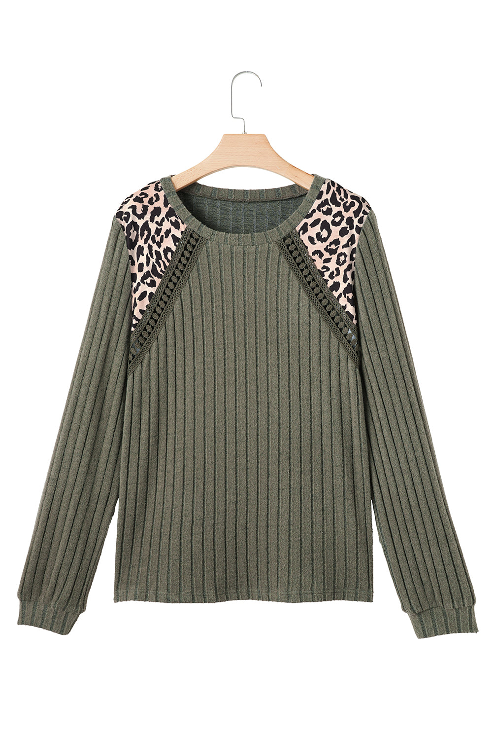 Moss Green Leopard Print Patchwork Crochet Rib Textured Top