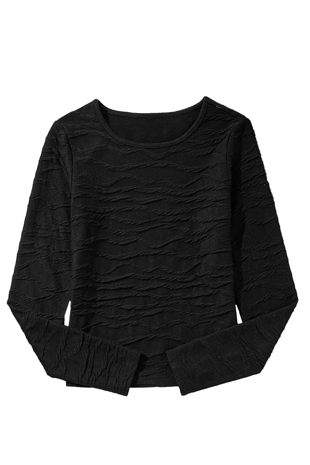 Black Plain Wavy Textured Slim Fit Long Sleeve Top