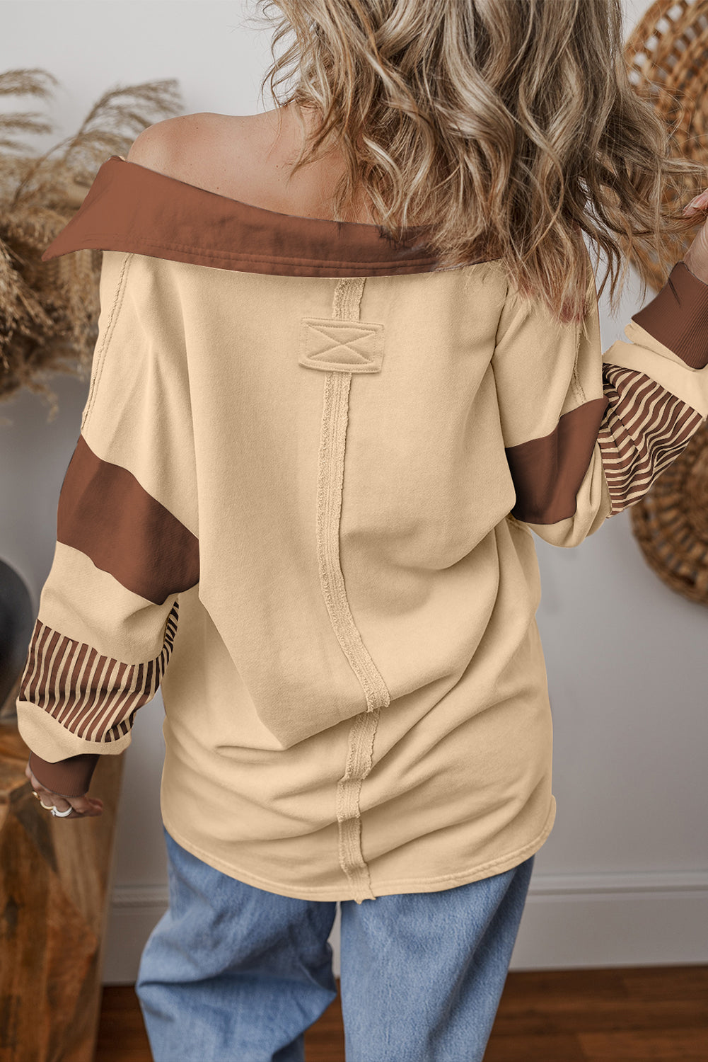 Pale Chestnut Striped Patchwork Collar Sweatshirt