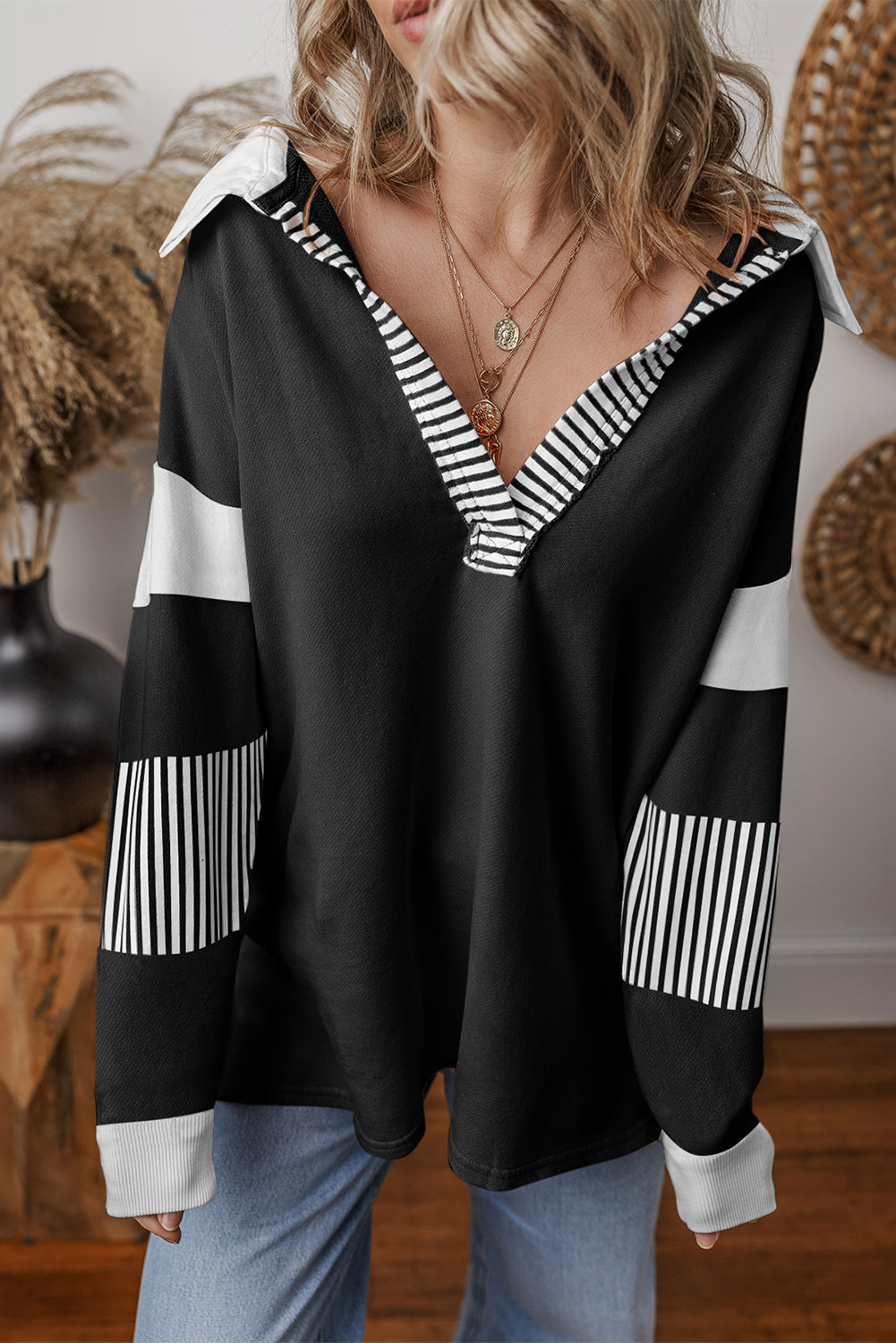 Pale Chestnut Striped Patchwork Collar Sweatshirt