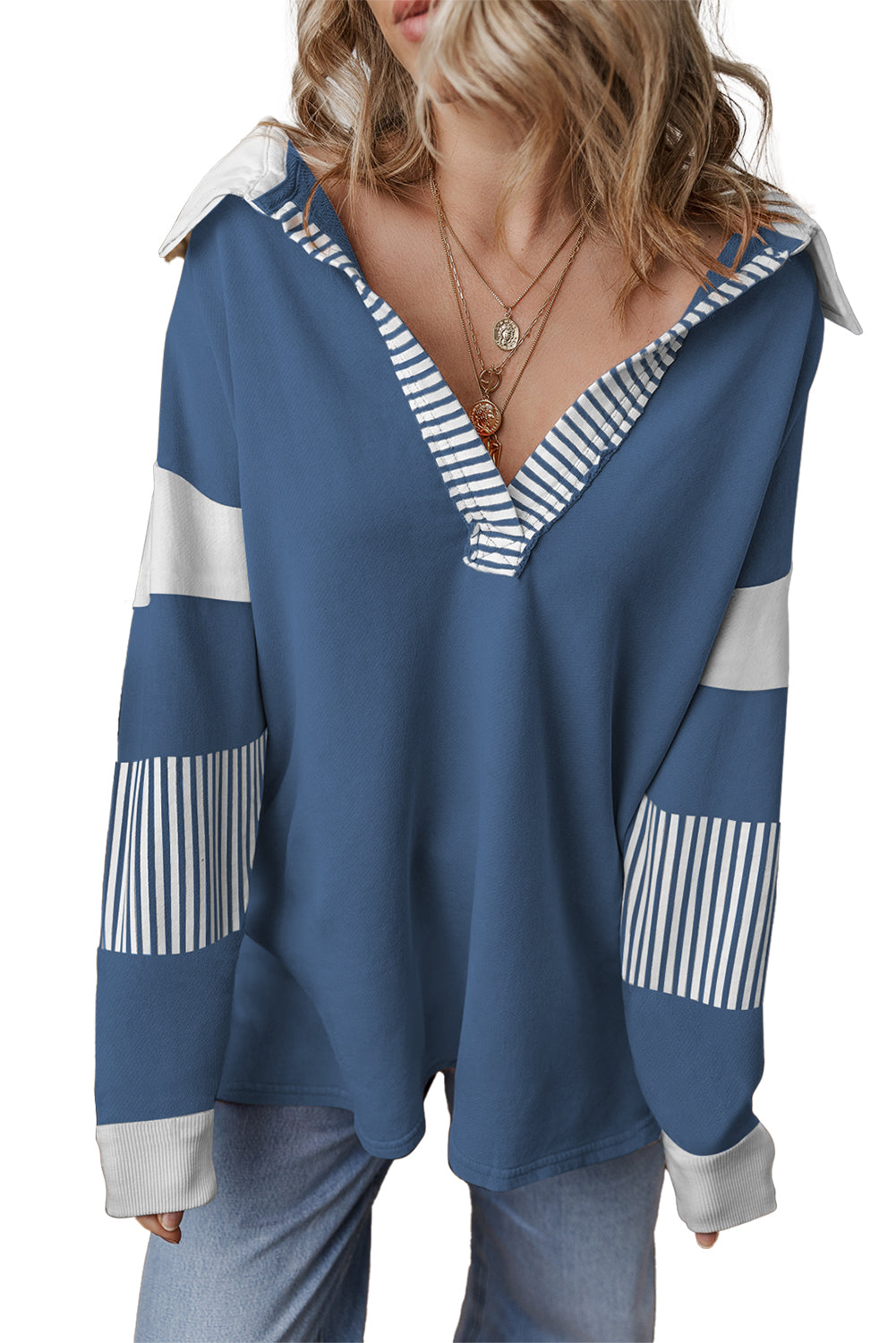 Pale Chestnut Striped Patchwork Collar Sweatshirt