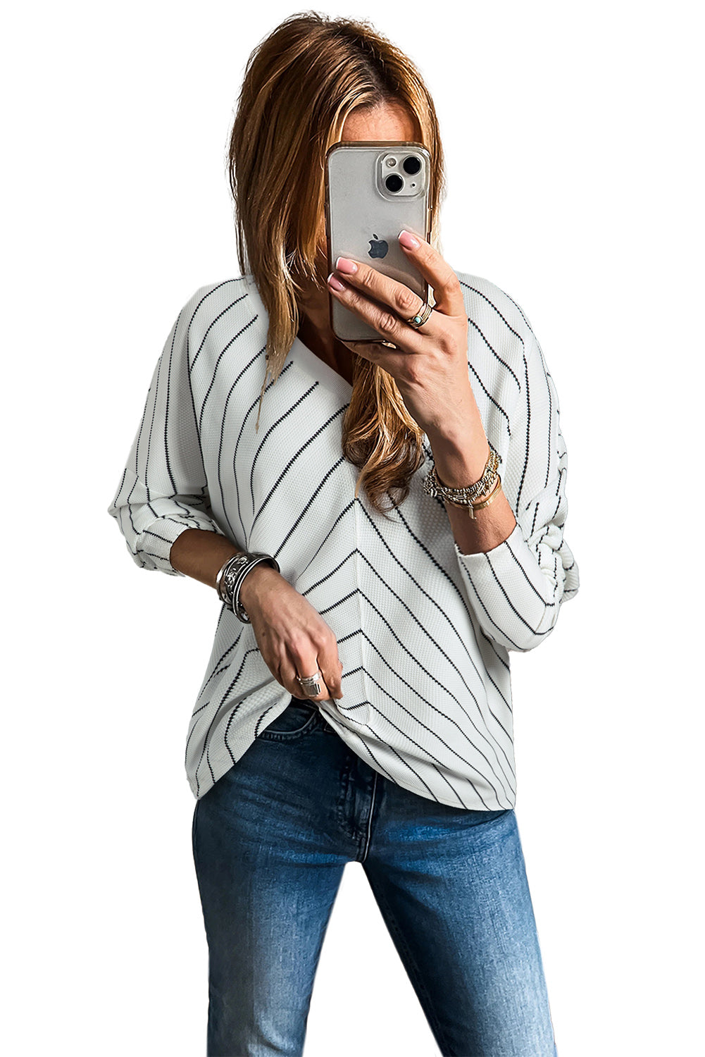 Black Stripe V Neck Long Sleeve Waffle Knit Top