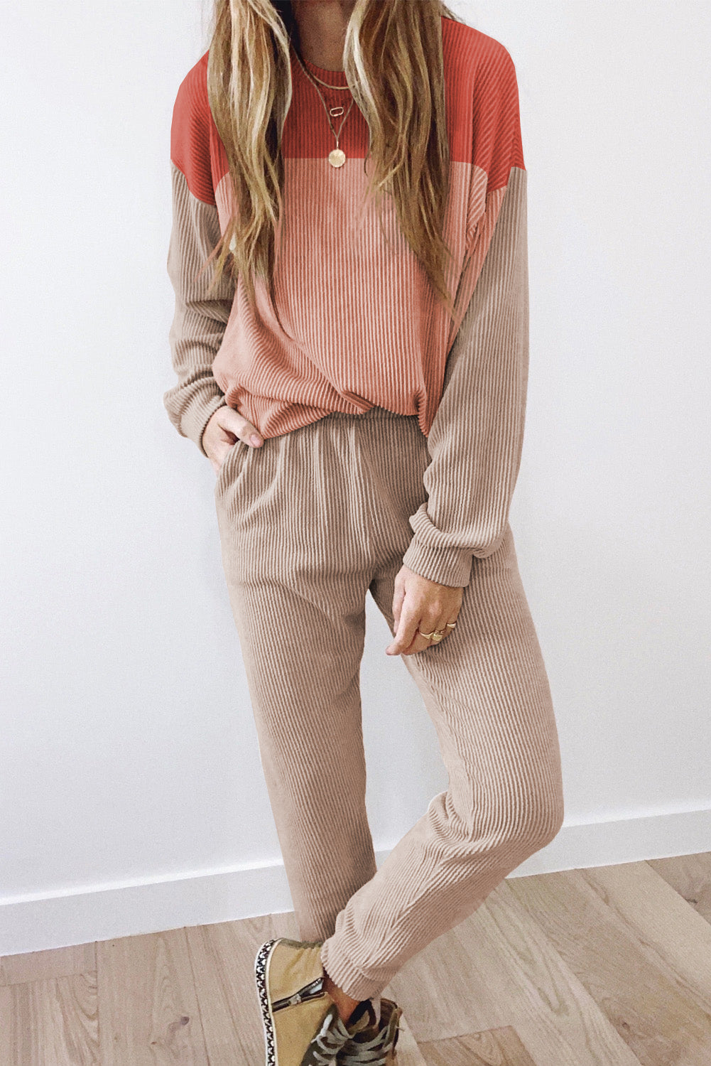 Brown Colorblock Corded Slouchy Top and Pants Set