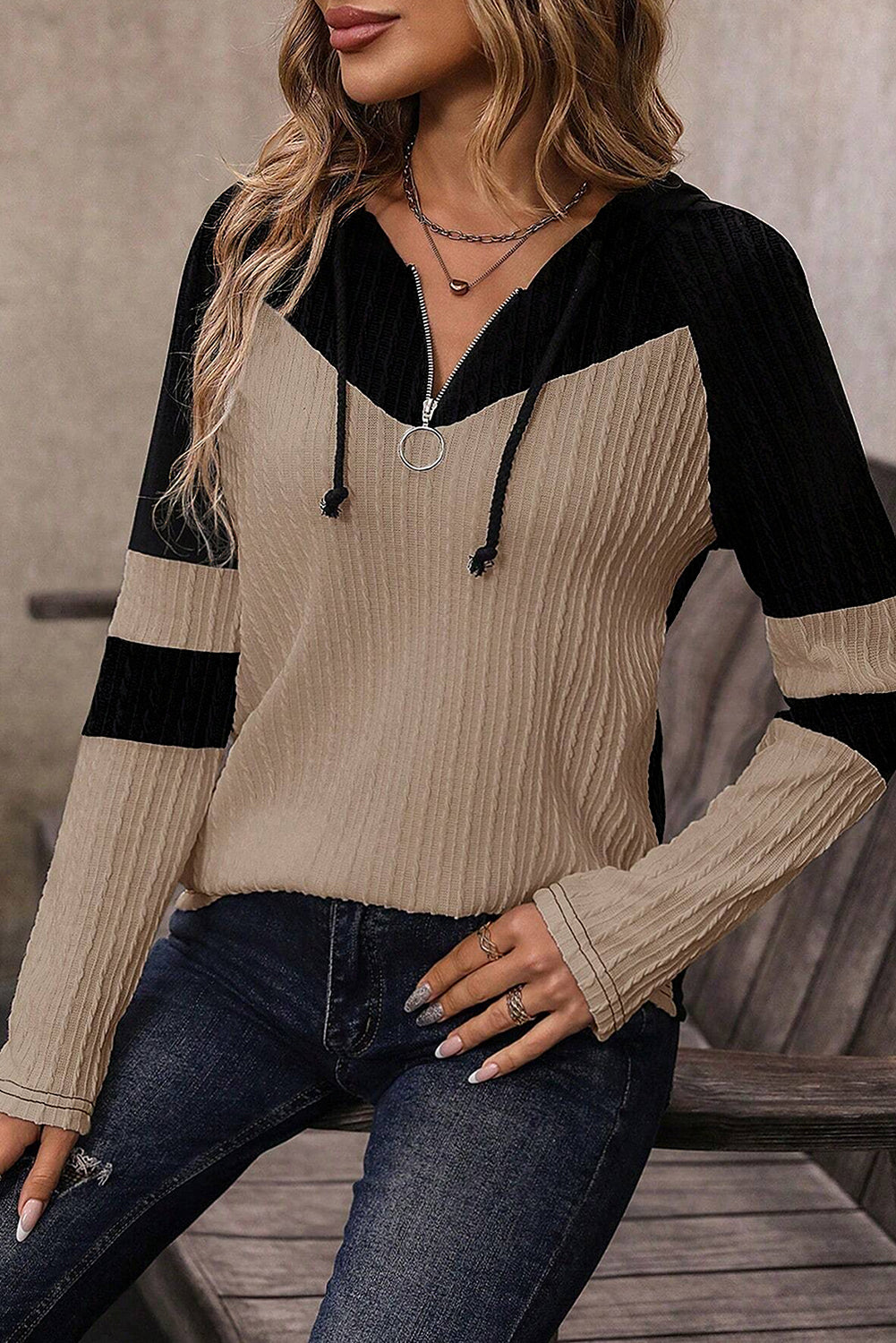 Parchment Textured Patchwork Long Sleeve Hooded Top