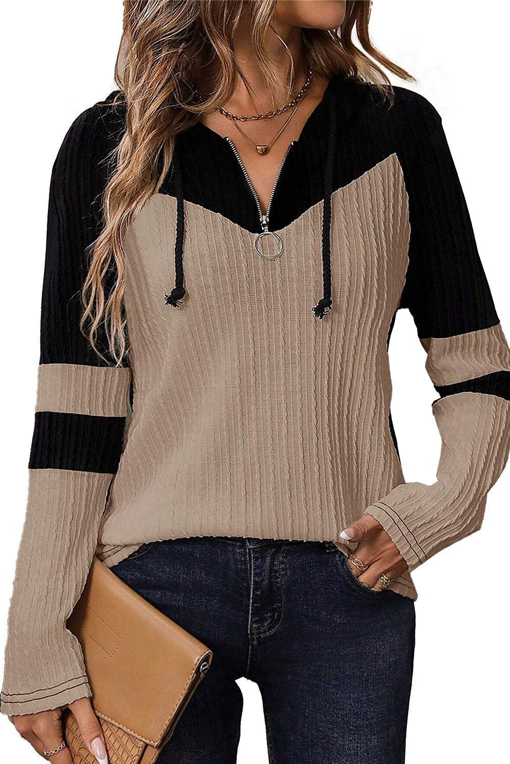 Parchment Textured Patchwork Long Sleeve Hooded Top