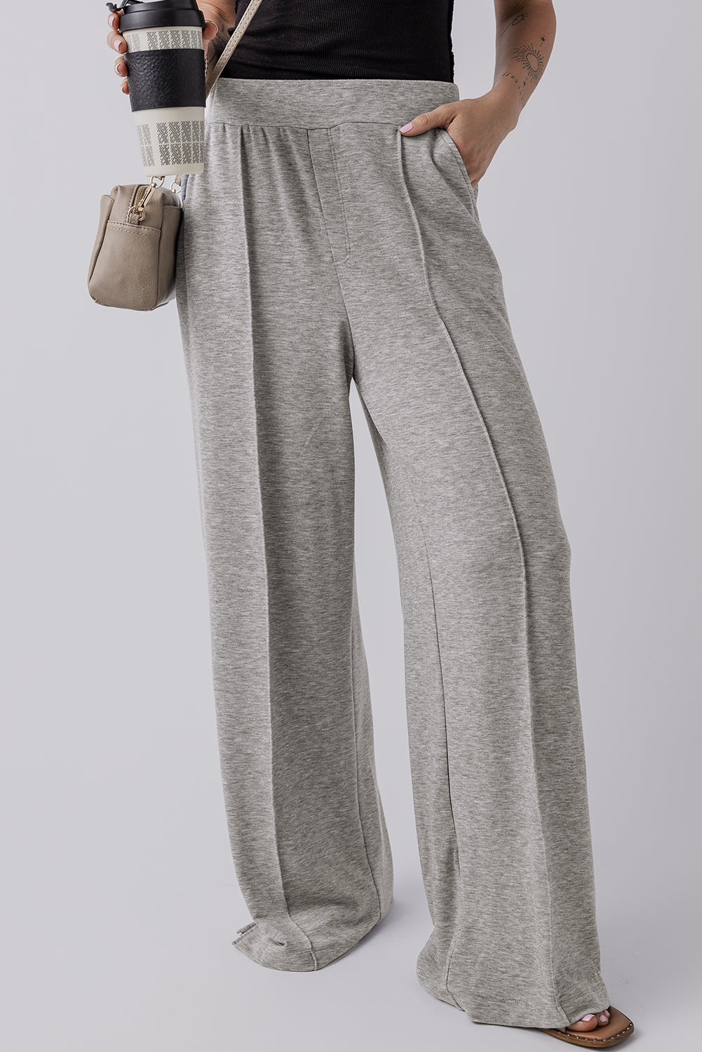 Medium Grey Central Seam Wide Leg High Waist Casual Pants