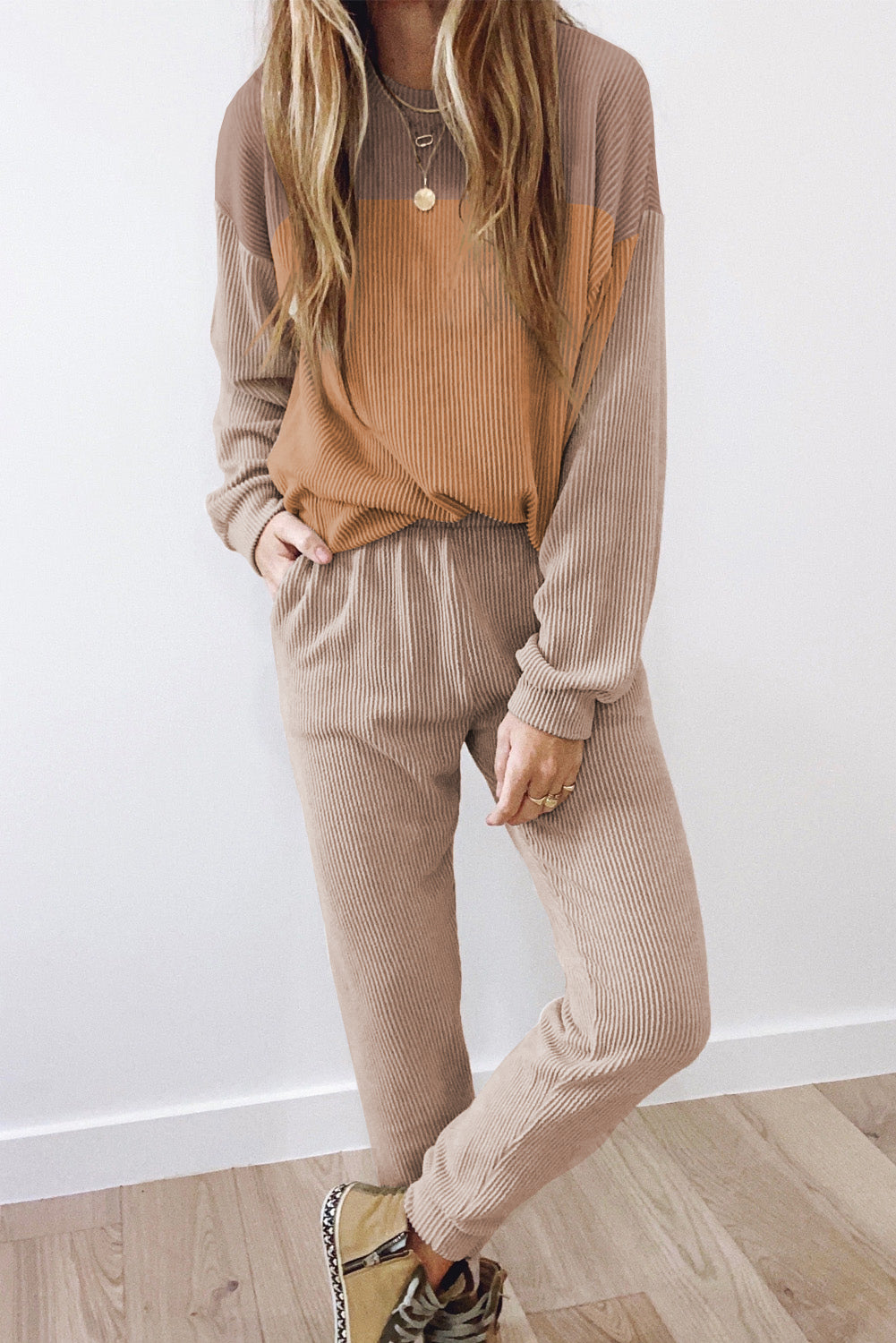 Brown Colorblock Corded Slouchy Top and Pants Set