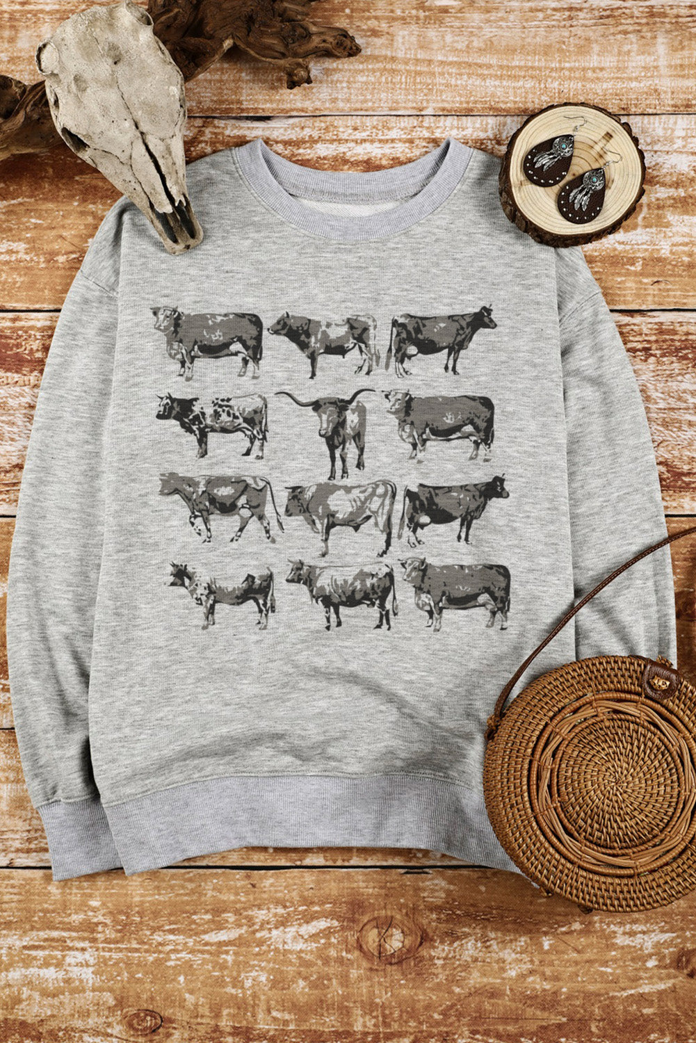 Grey Bull Print Graphic Long Sleeve Sweatshirt