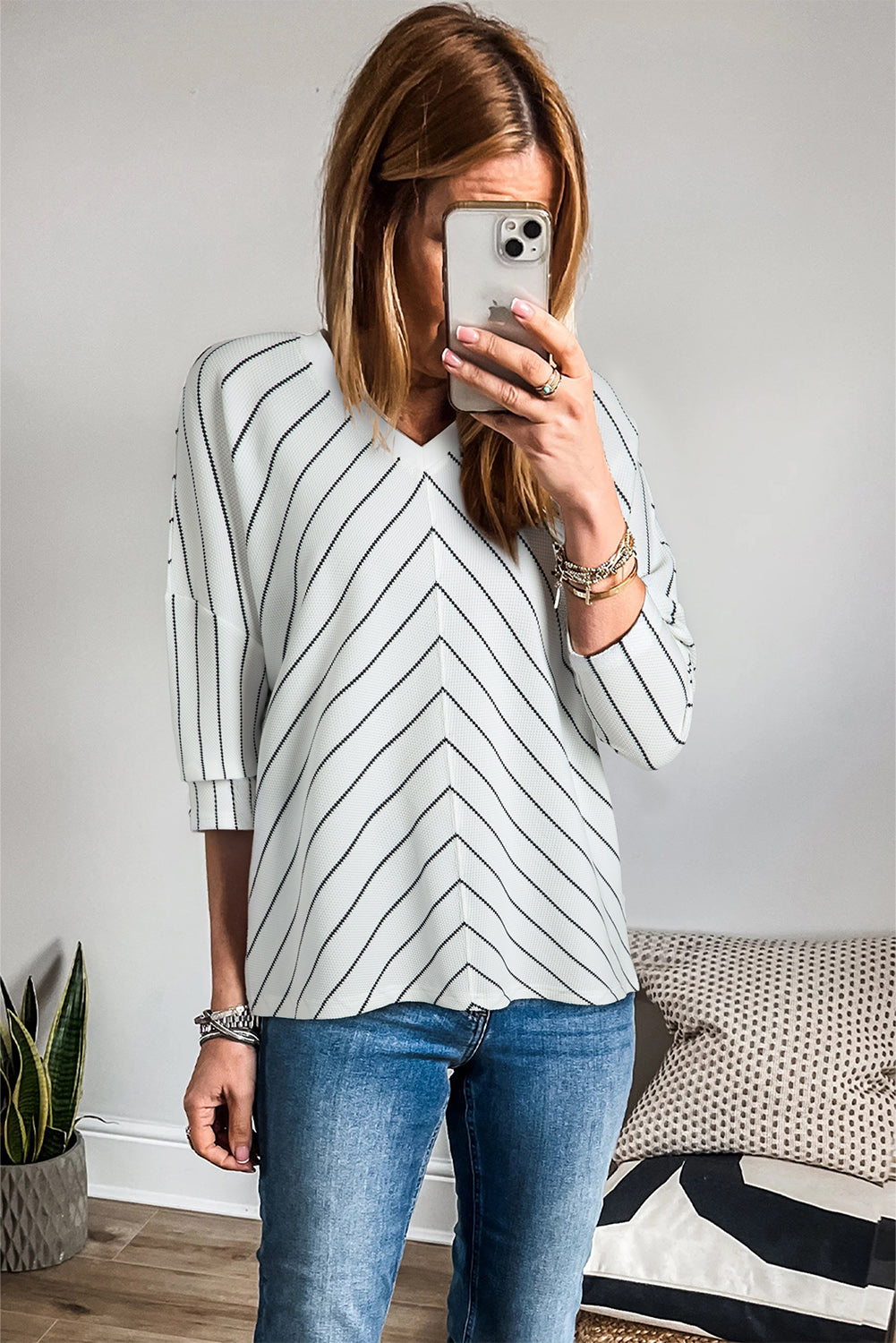 Black Stripe V Neck Long Sleeve Waffle Knit Top