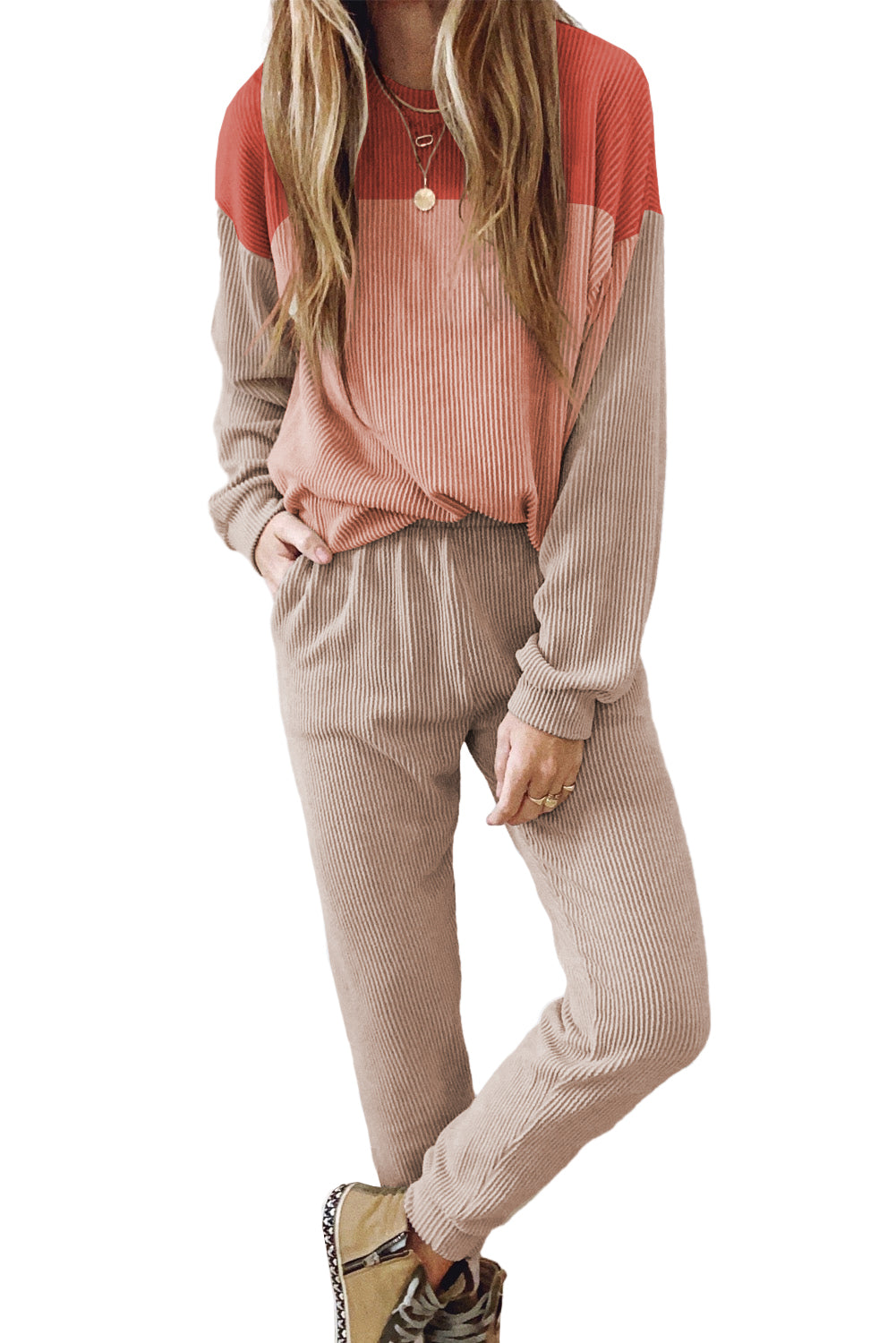 Brown Colorblock Corded Slouchy Top and Pants Set