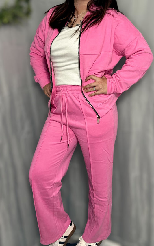 Two Piece Solid Seamed Zipper Jacket/Drawstring Jogger Set