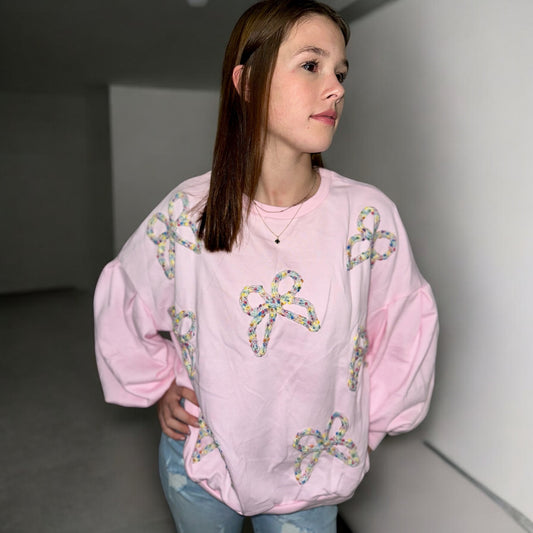 Light Pink Embroidered Bow Crew Neck