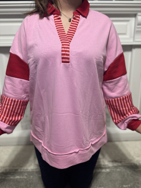 Rose Striped Patchwork Side Split V Neck Pullover