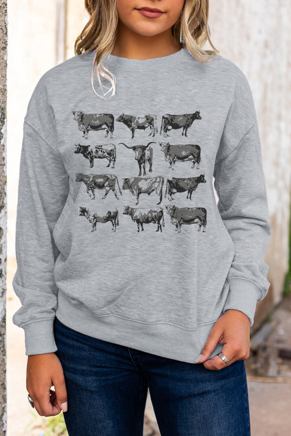 Grey Bull Print Graphic Long Sleeve Sweatshirt