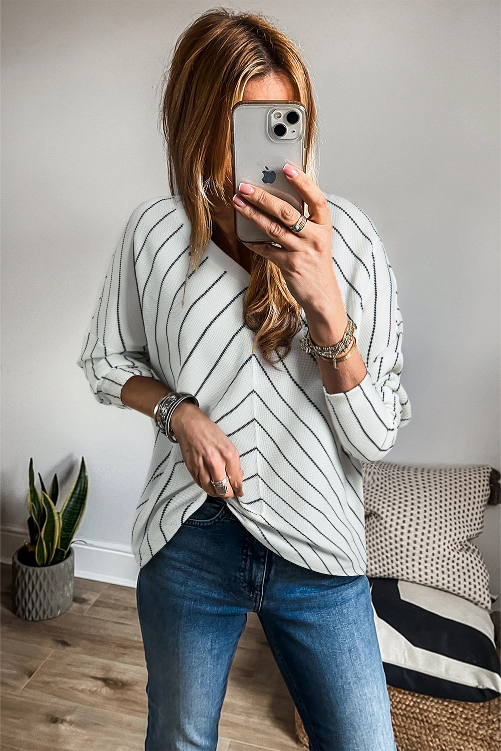 Black Stripe V Neck Long Sleeve Waffle Knit Top