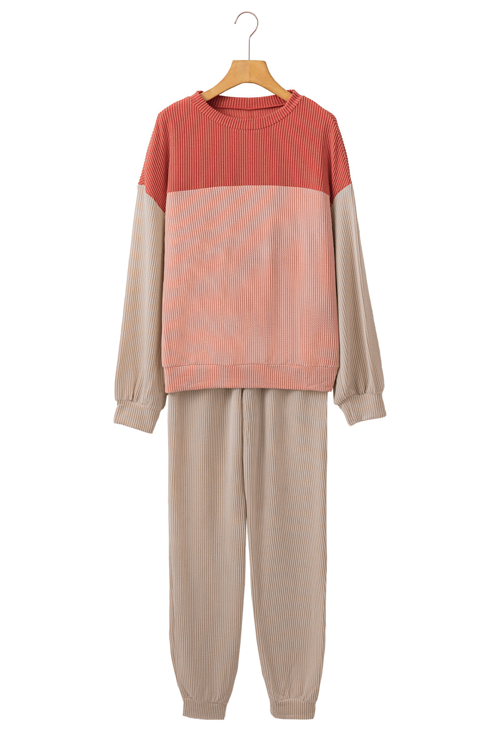 Brown Colorblock Corded Slouchy Top and Pants Set