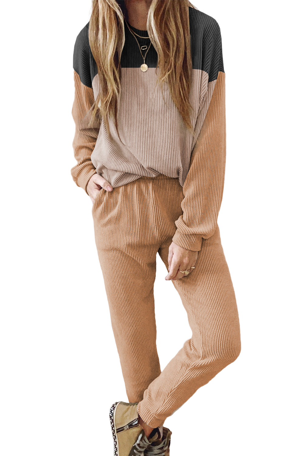 Brown Colorblock Corded Slouchy Top and Pants Set