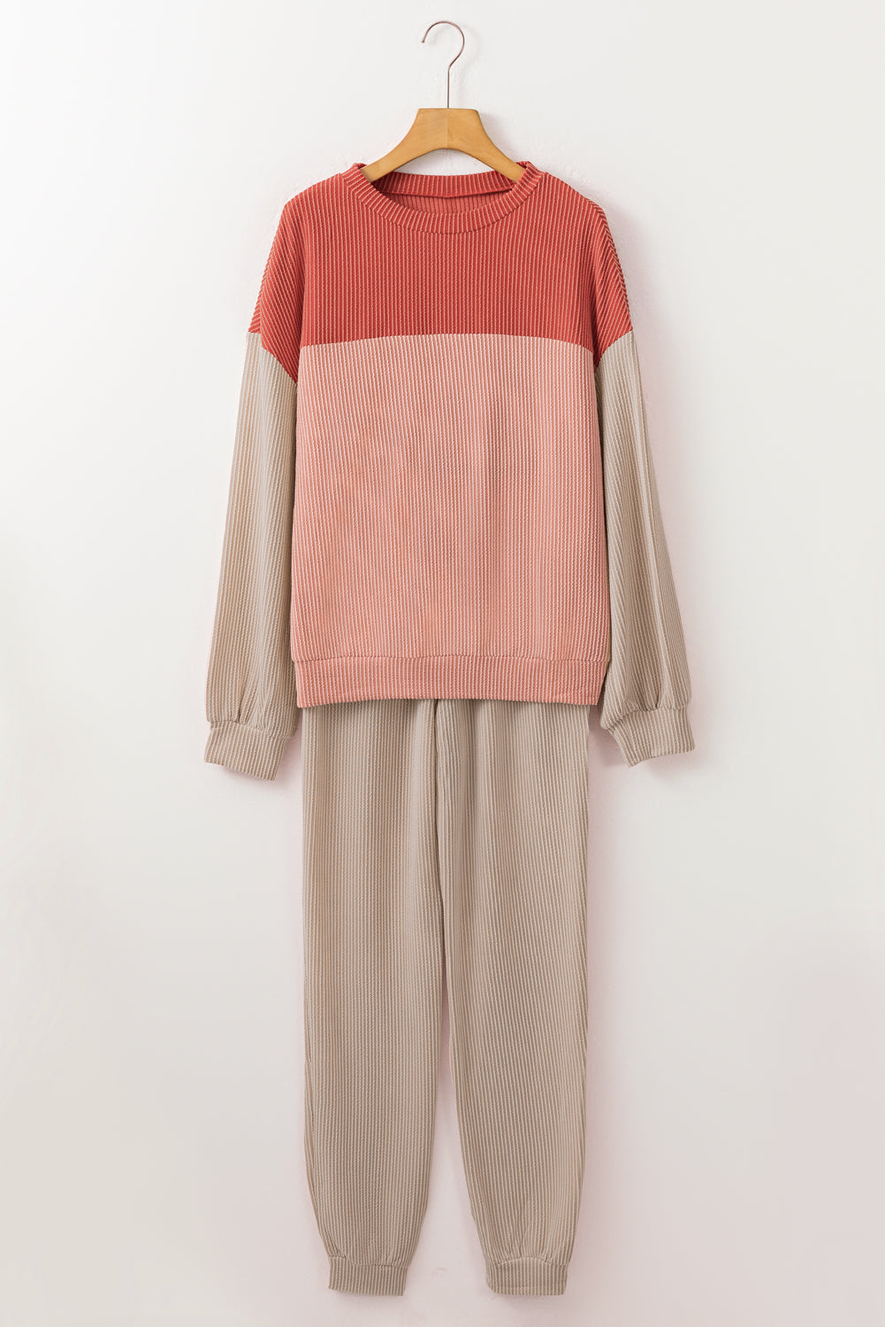 Brown Colorblock Corded Slouchy Top and Pants Set