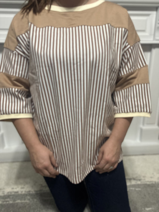 Brown Striped Colorblock Quarter Sleeve Top