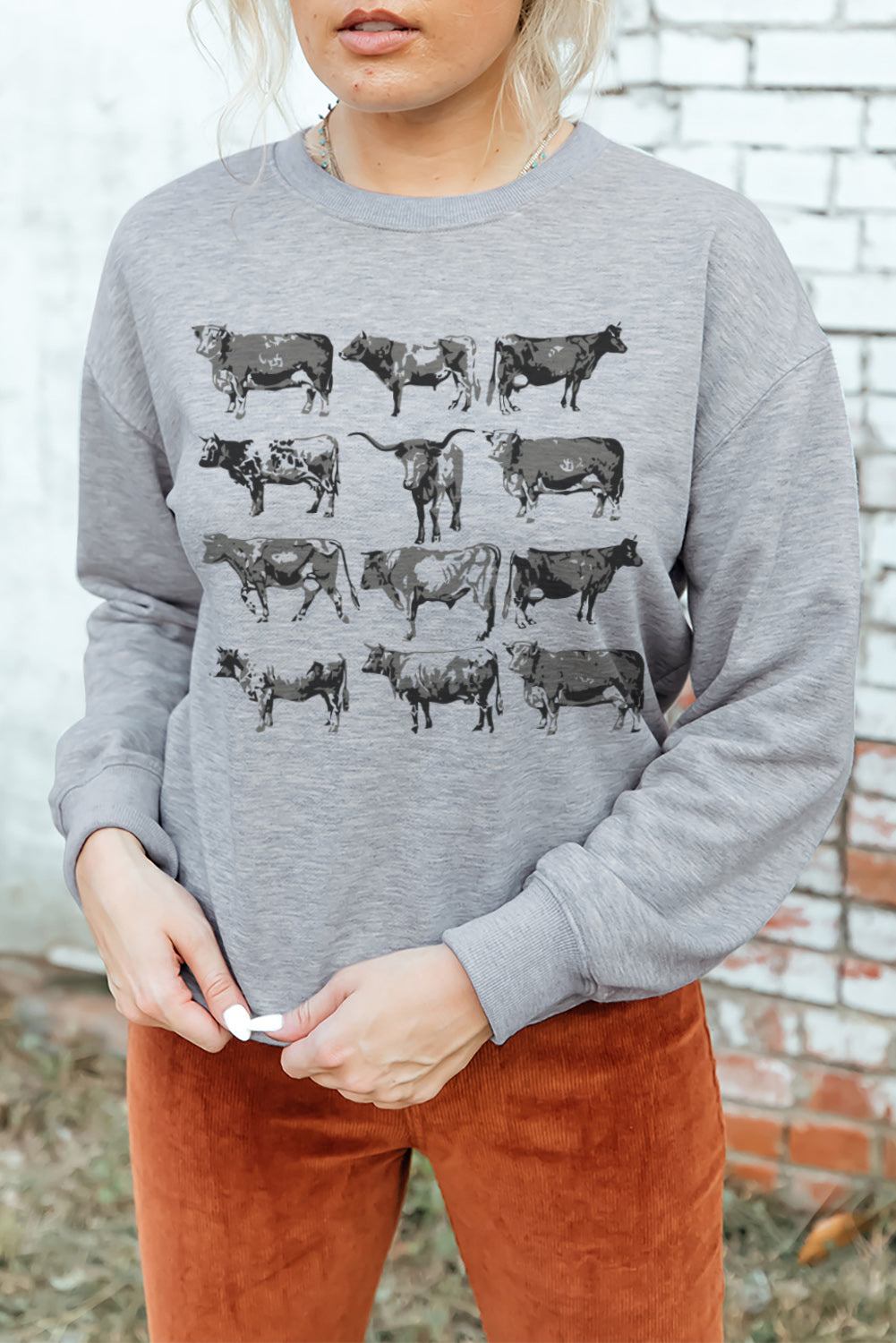 Grey Bull Print Graphic Long Sleeve Sweatshirt