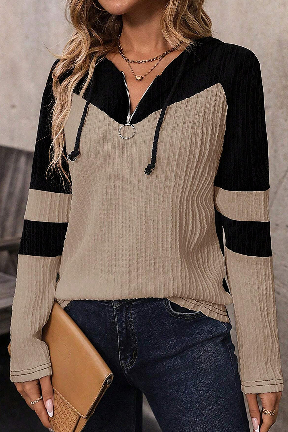 Parchment Textured Patchwork Long Sleeve Hooded Top