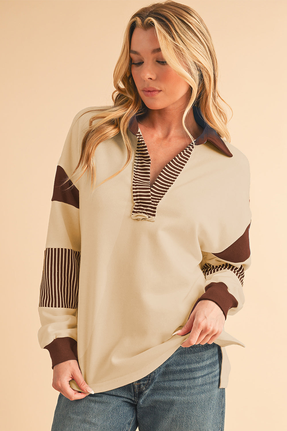 Pale Chestnut Striped Patchwork Collar Sweatshirt