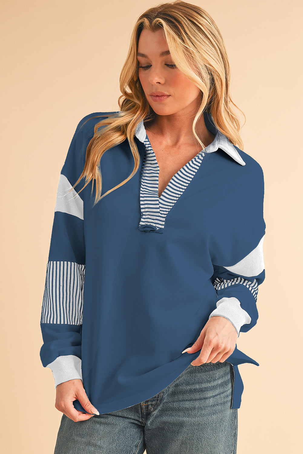 Pale Chestnut Striped Patchwork Collar Sweatshirt