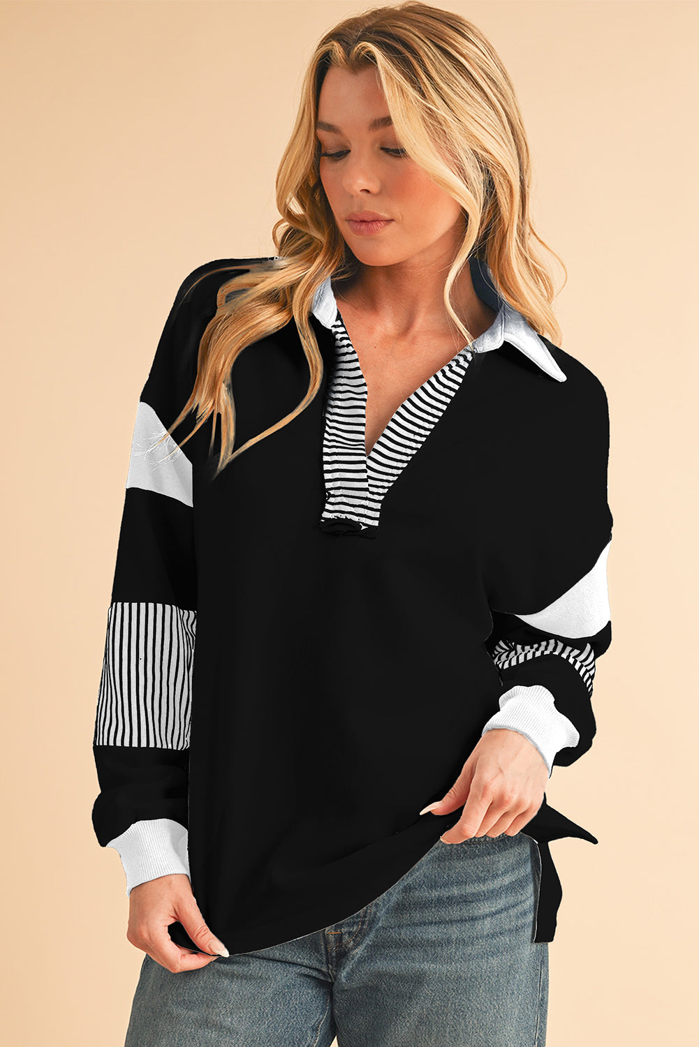 Pale Chestnut Striped Patchwork Collar Sweatshirt