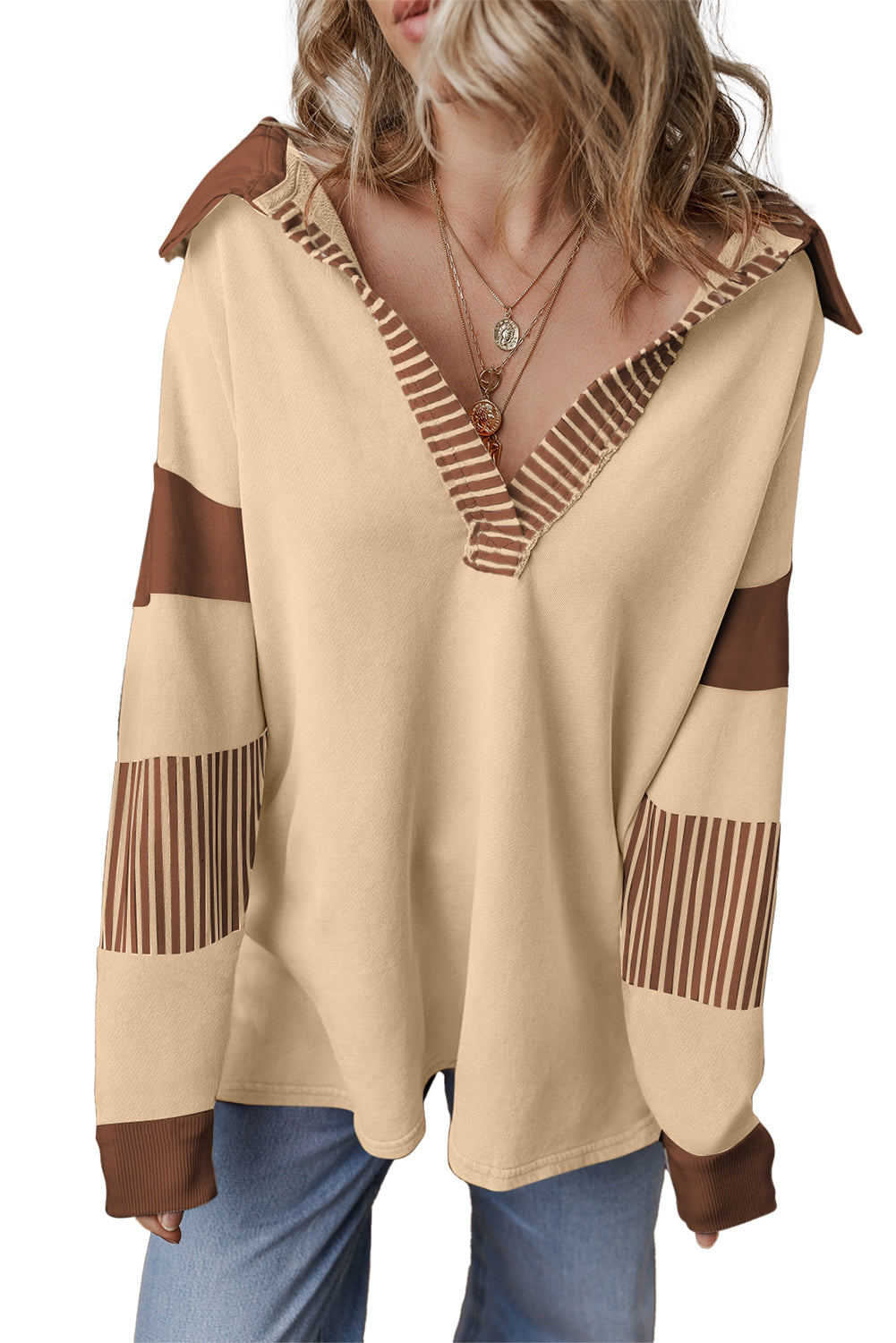 Pale Chestnut Striped Patchwork Collar Sweatshirt