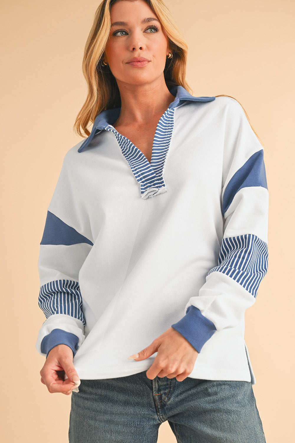 Pale Chestnut Striped Patchwork Collar Sweatshirt