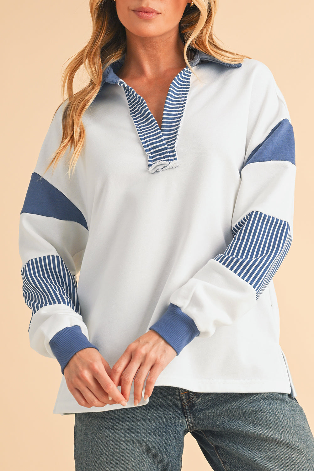 Pale Chestnut Striped Patchwork Collar Sweatshirt