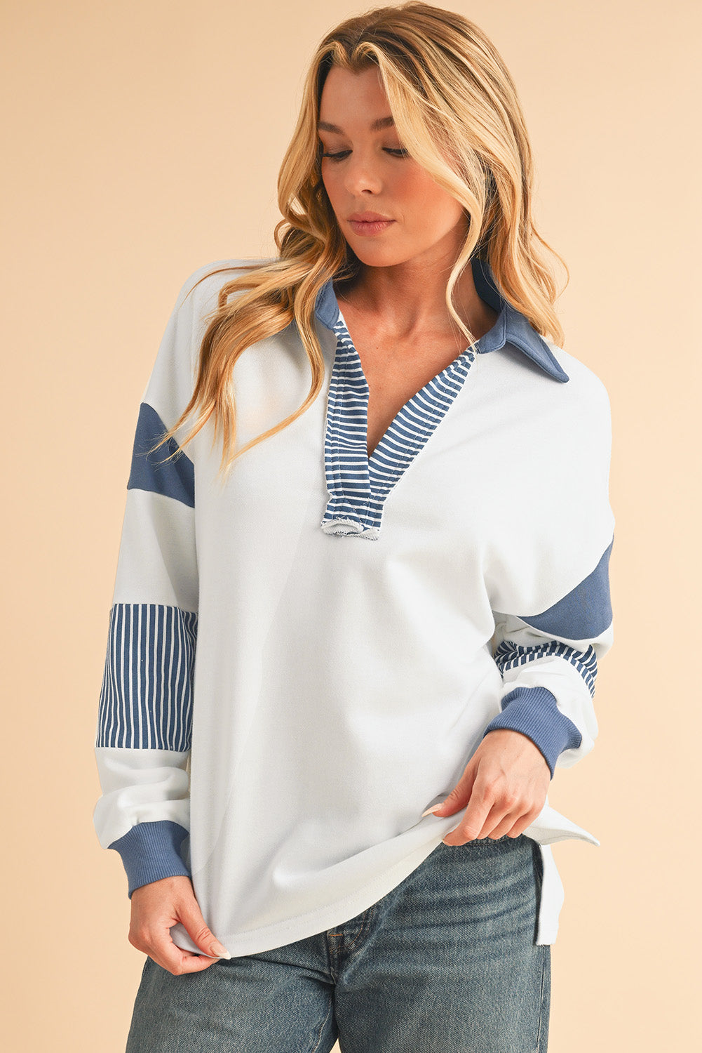 Pale Chestnut Striped Patchwork Collar Sweatshirt