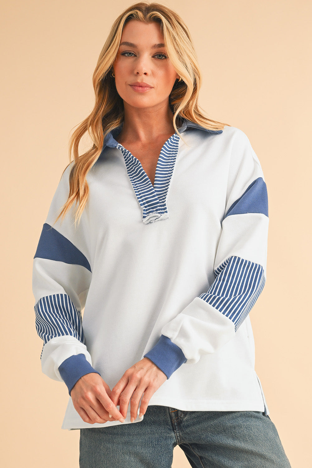 Pale Chestnut Striped Patchwork Collar Sweatshirt