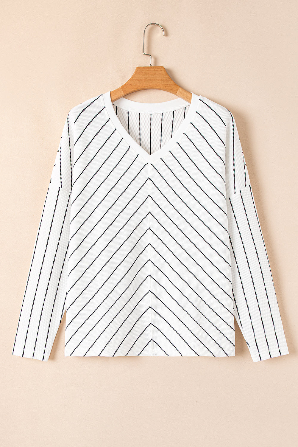 Black Stripe V Neck Long Sleeve Waffle Knit Top