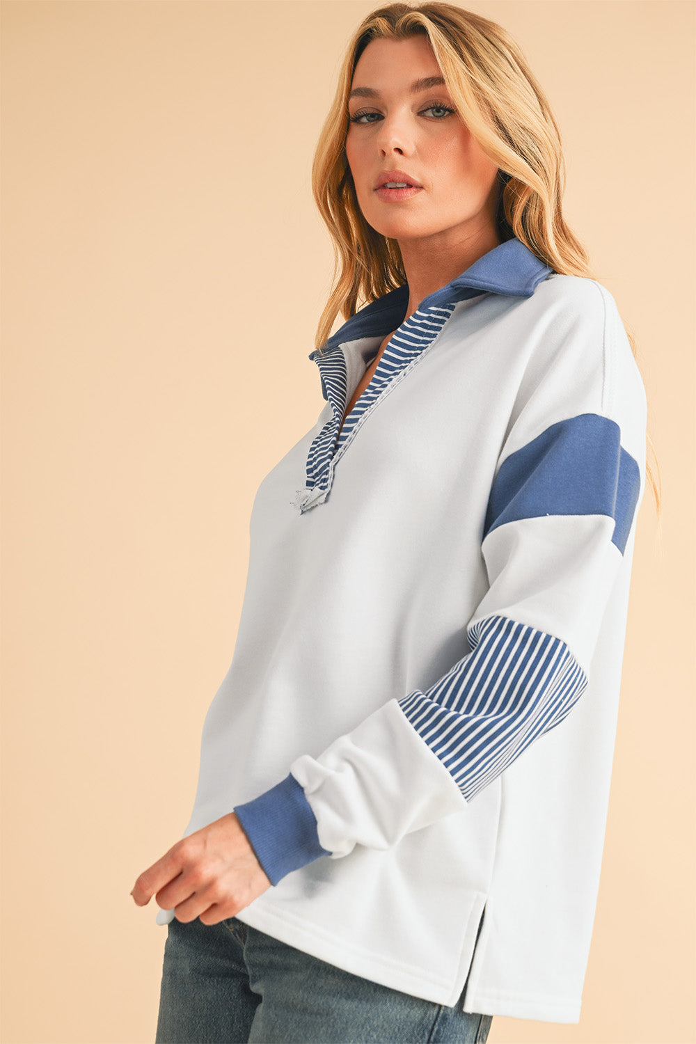 Pale Chestnut Striped Patchwork Collar Sweatshirt