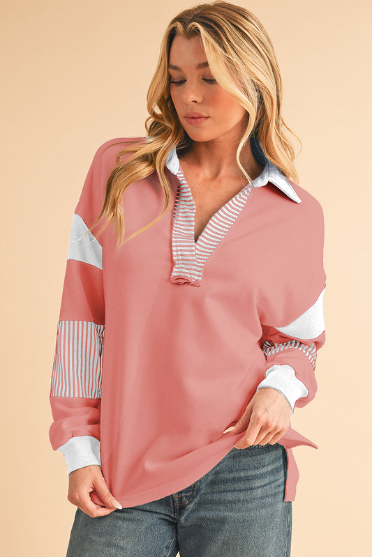 Pale Chestnut Striped Patchwork Collar Sweatshirt