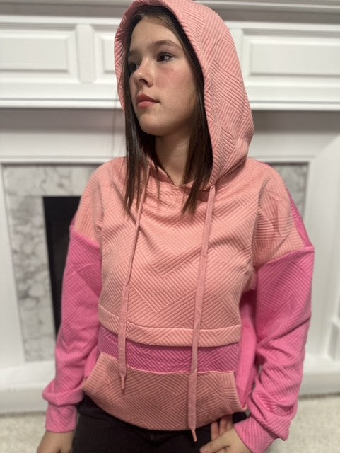 Pink Textured Color Block Drop Shoulder Hoodie