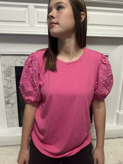 Pink Pearl Beaded Puff Sleeved Short Sleeve