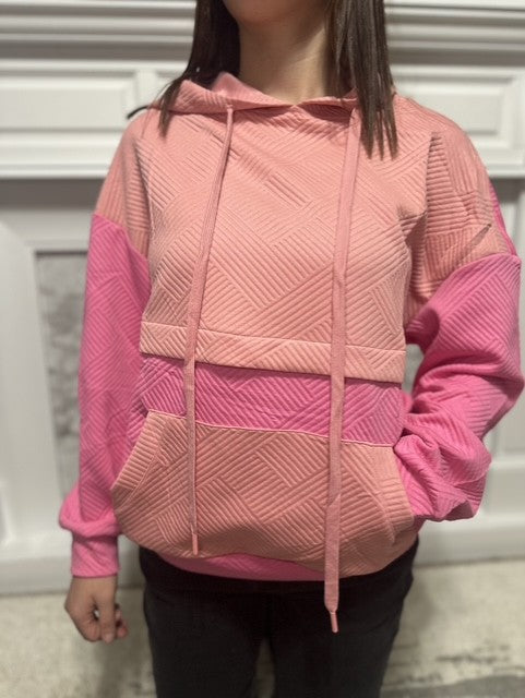 Pink Textured Color Block Drop Shoulder Hoodie