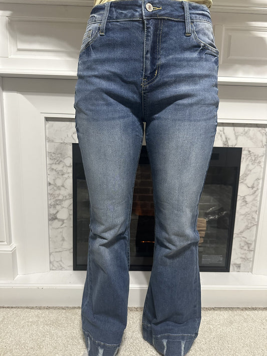 Sky Blue Medium Wash Distressed Bottomed Flared Jeans