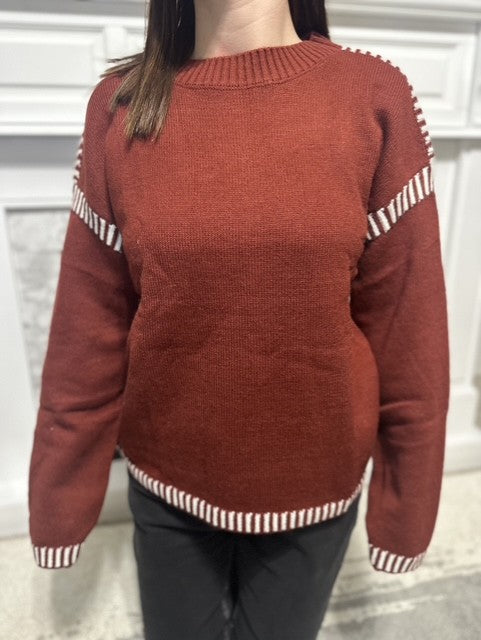 White And Red Knitted Long Sleeve Sweater