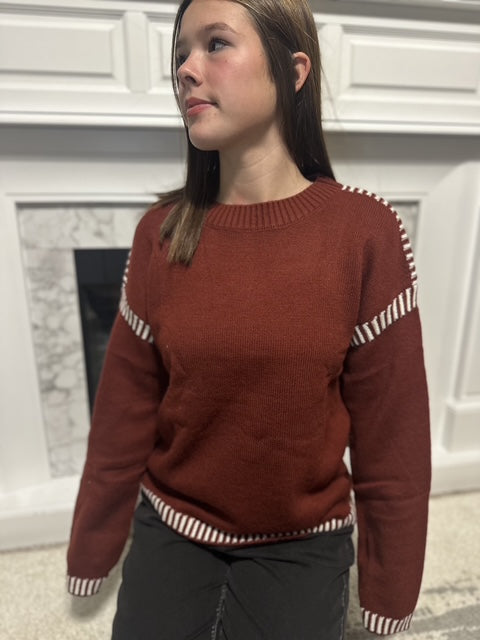 White And Red Knitted Long Sleeve Sweater